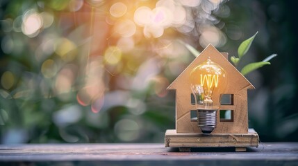 Creative Light Bulb Idea with Wooden House: Construction, Energy, Business Concept