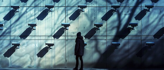 A person walking away, trailed by shadows of surveillance devices, evoking the chilling reality of diminished privacy and individual rights in a society constantly monitored