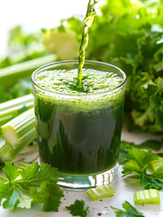 Celery poured into glass of green juice, a refreshing vegetable drink