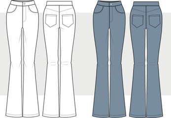 Women Boot Cut Pant, Flared Trouser, Pant Front and Back View fashion illustration vector, CAD, technical drawing, flat drawing.