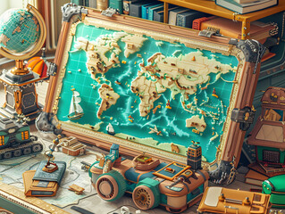 World map with toys Create adventures and trade.