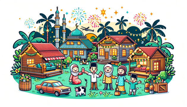 Hari Raya Aidilfitri illustration with muslim family character and traditional malay village house or kampung