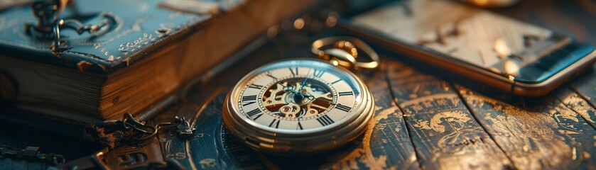 A vintage gold pocket watch and the cool tones of a modern smartphone on the table.