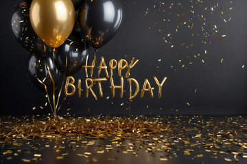 Elegant Black and Gold Happy Birthday Balloons with Confetti – Festive Celebration Background - Copy space
