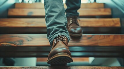 Motivation and Success: Businessman Ascending Staircase, Symbolizing Progress and Achievement