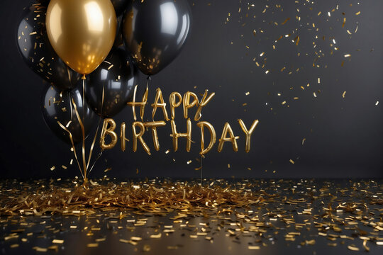 Elegant Black and Gold Happy Birthday Balloons with Confetti – Festive Celebration Background - Copy space