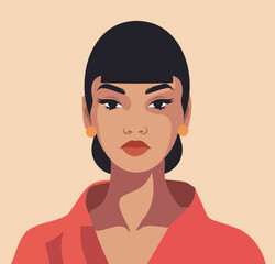 Vector flat portrait of a beautiful girl. Hairstyle. Postcard-poster. Avatar of a fashionable girl for social networks. For social media user profile, website and app design and development, icons