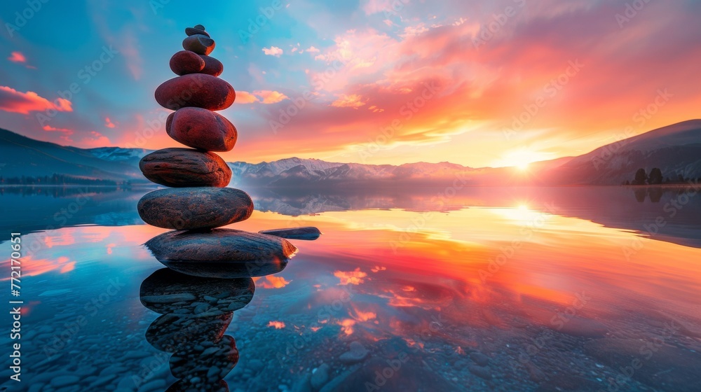 Sticker a stack of rocks on a lake shore at sunset, ai