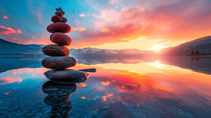 A stack of rocks on a lake shore at sunset, AI
