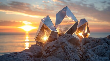 A group of three metal sculptures sitting on top of a rock, AI