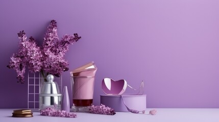 A purple background with a vase of purple flowers