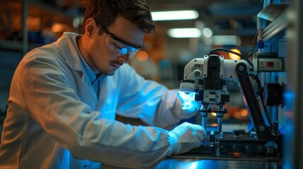 A man in a lab coat working on something with an electronic device, AI