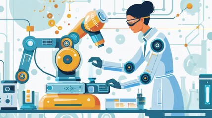 A woman in lab coat working on a machine with other machines, AI - 772171496