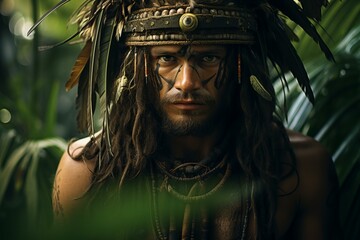 Intriguing Jungle man portrait. Explore asian. Generate Ai