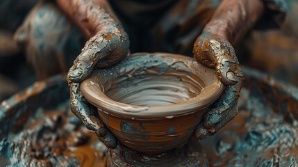 Close-up of a potter hand molding clay.
