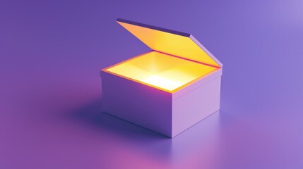 Holiday image with rays of light. Magic creative idea concept, glowing open lilac box, golden inside, on purple background with reflections and shadows