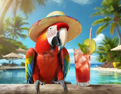 Scarlet macaw with a hat and colorful drink on a tropical holiday at a beach resort