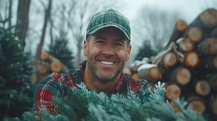 A smiling man carries a freshly cut Christmas tree in the forest. Young lumberjack - obrazy, fototapety, plakaty