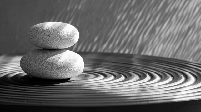 A black and white photo of two rocks sitting on top of a circular table, AI