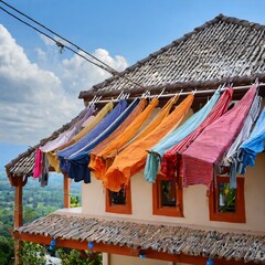 Vibrant Delight: Colorful Clothes hanging  on Rope Roof