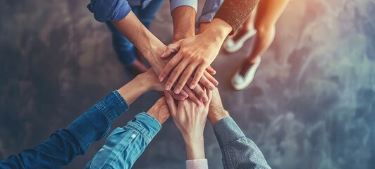 top view of young business people putting their hands together. Unity and teamwork concept. generative ai