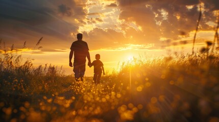 A man and child walking through a field at sunset, AI