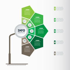Growth and development of ecosystem. Info graphic with 5 parts. Energy saving and environmental protection,