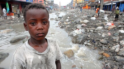 Little African boy with a dirty face on the street. An orphan, a destitute child of war and natural disasters. People in developing countries - obrazy, fototapety, plakaty