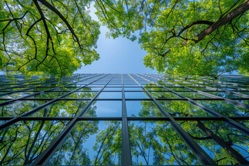 Green building, glass curtain wall architecture with green trees outside the window. Created with Ai - 772172693