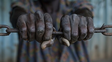 Obraz premium A close up of a person holding onto some metal bars, AI