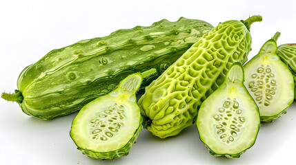 A picture of Bitter gourd slices on a white background,Momordica charantia fruit,bitter melon, balsam pear, bitter cucumber or bitter gourd isolated on white background
 - obrazy, fototapety, plakaty