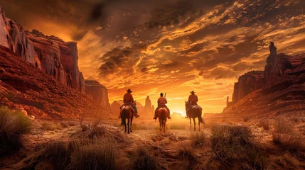 Foto op Canvas Three men riding horses in a desert landscape with the sun setting, AI © starush