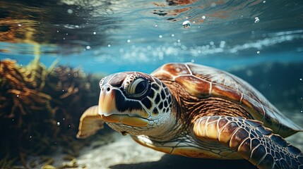 Fototapeta premium Sea turtle swimming underwater in the ocean.