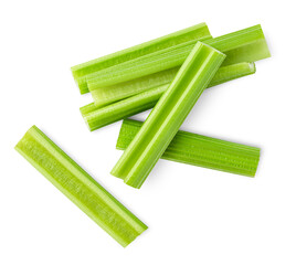 chopped celery stalks on isolated white background, top view