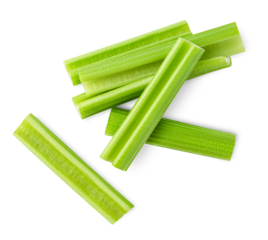 chopped celery stalks on isolated white background, top view