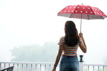 oung woman holding a polka-dotted umbrella, gazing out into the misty expanse