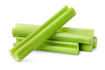 chopped celery stalks on isolated white background, front view