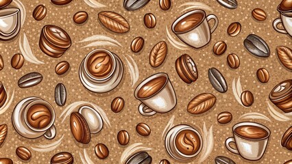 Seamless pattern with coffee beans and cups.