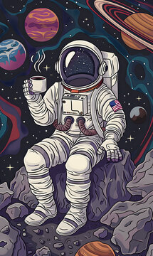 illustration of cartoon astronaut drinking a cup a coffee in space