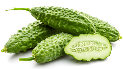 A picture of Bitter gourd slices on a white background,Momordica charantia fruit,bitter melon, balsam pear, bitter cucumber or bitter gourd isolated on white background
 - obrazy, fototapety, plakaty