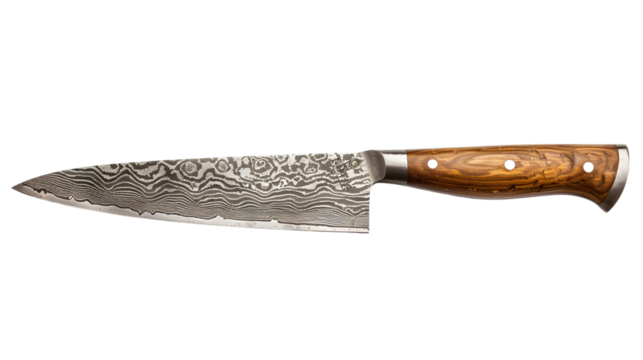 A transparent knife png file with a silver Damascus blade and a wooden handle