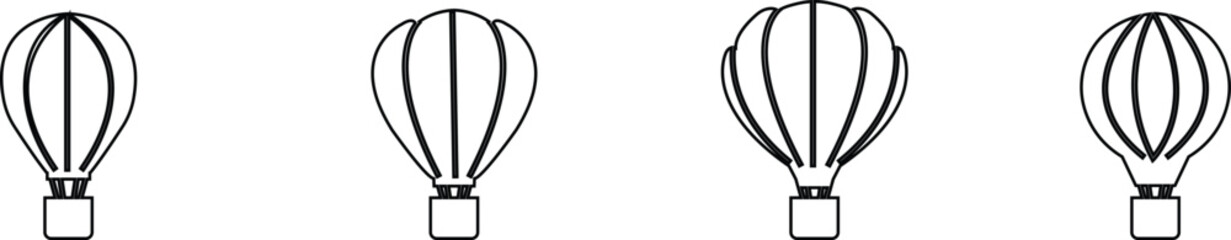 Obraz premium Hot Air Balloon with Basket Line and Silhouette Icons set . Fly Hotair Balloon for Sky Journey Outline and Solid Symbol elements. Flight for Travel Pictogram. Isolated on transparent background.