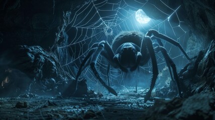Colossal Arachnid Lurks in Ominous Shadows of Eerie Nighttime Forest - obrazy, fototapety, plakaty