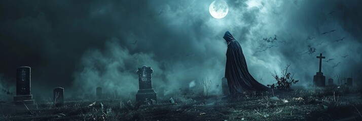 Dark and Ominous Gothic Landscape with Mysterious Silhouetted Figure in Abandoned Cemetery under Dramatic Cloudy Moonlit Sky - obrazy, fototapety, plakaty