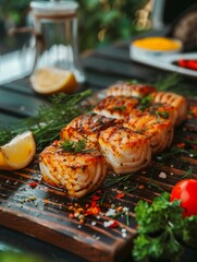 Delectable Seafood Medley Plated on a Rustic Wooden Board with Fresh Herbs and Vegetables