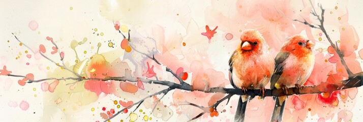 Delicate Lovebirds Perched on Blossoming Spring Branch in Vibrant Watercolor Painting