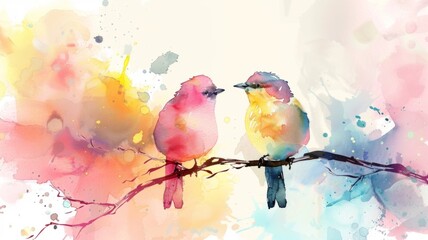 Delicate Duo of Vibrant Watercolor Birds Perched on Ethereal Branch