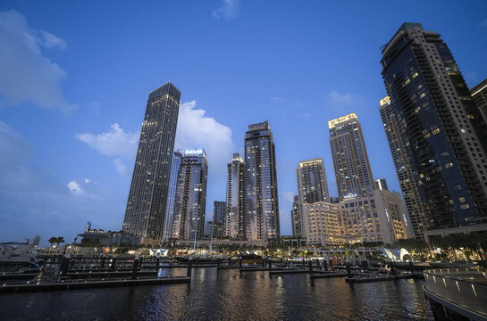 Dubai, UAE - 17 JAN 2024: Dubai Marina, Emaar Beachfront buildings