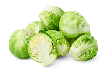 heap of Brussels sprouts on isolated white background, front view - obrazy, fototapety, plakaty