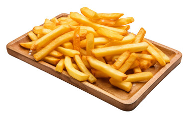 Golden French fries piled on a wooden cutting board against a white background